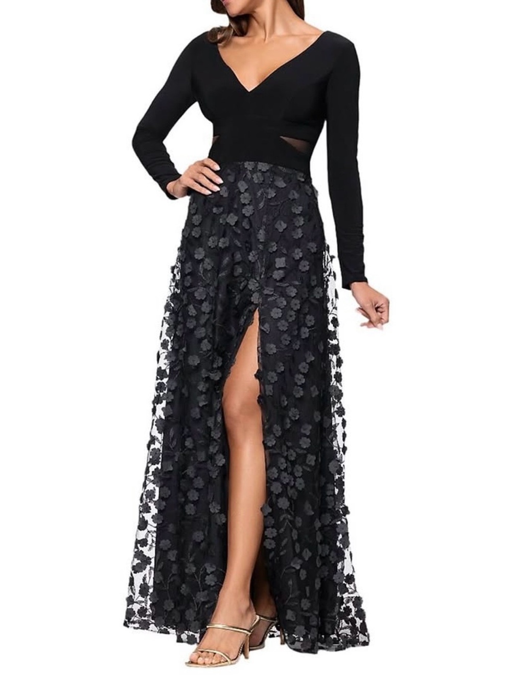 Xscape Black Floral Appliqué Maxi Dress with Front Slit
